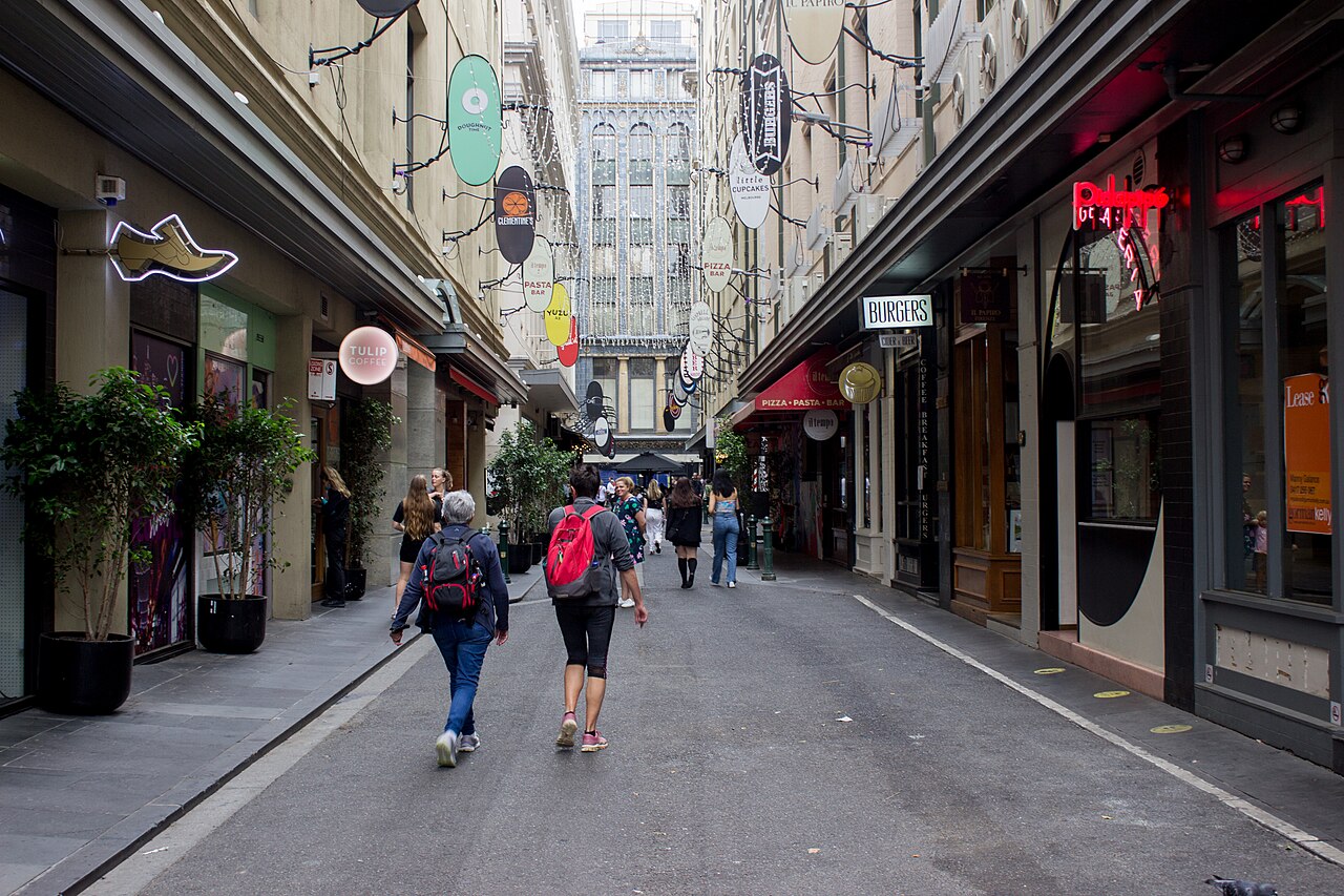 Pedestrians and cafés along Degraves Street in central Melbourne.